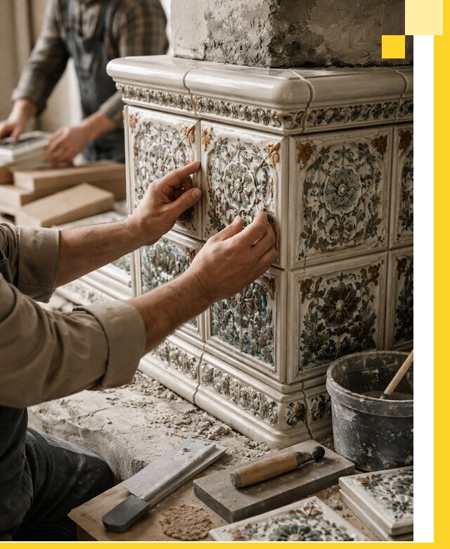 Изразцовые камины под ключ в Сосновом Боре: проект и монтаж