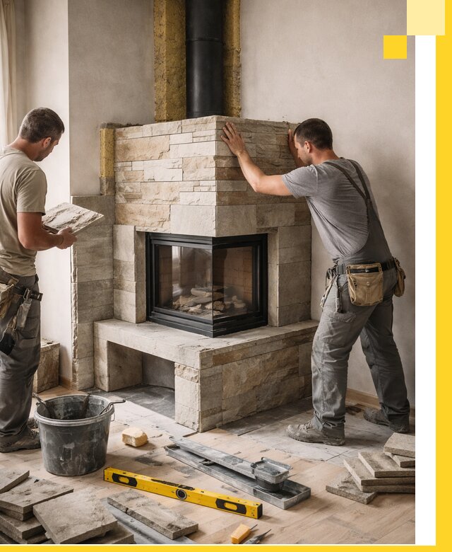 Угловые камины под ключ проект, монтаж и отделка в Сосновом Боре