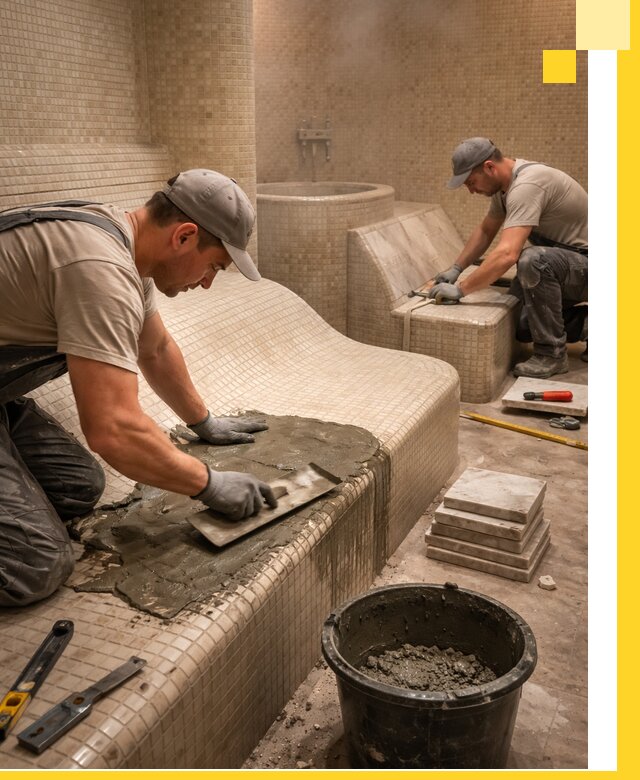 Лежаки для хамама под ключ в Сосновом Боре, проект и монтаж